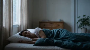 Mujer durmiendo de lado en un dormitorio en penumbra, escena que ilustra el bruxismo del sueño
