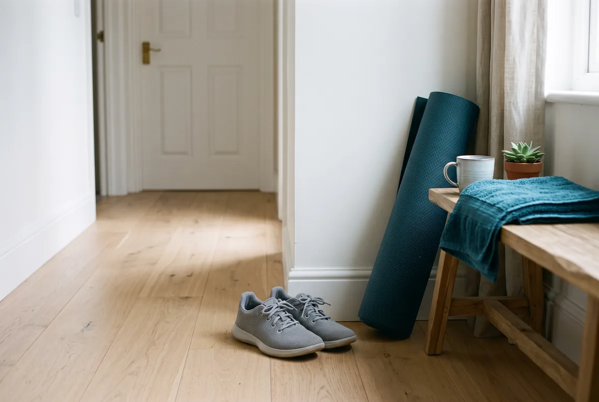 Zapatillas de deporte y esterilla enrollada guardadas junto a la entrada de casa, en referencia al reposo deportivo tras la cirugía