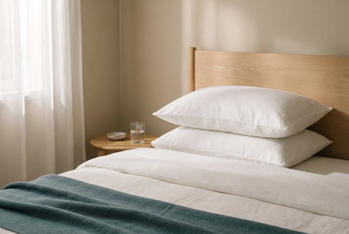 Cama con dos almohadas apiladas para dormir con la cabeza elevada durante el postoperatorio de una otoplastia