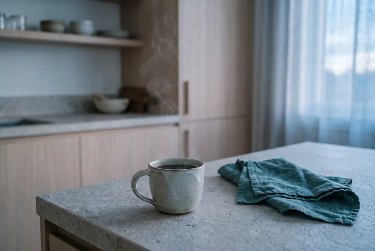 Taza de café humeante sobre la encimera de la cocina al amanecer, en referencia a la higiene del sueño en el bruxismo